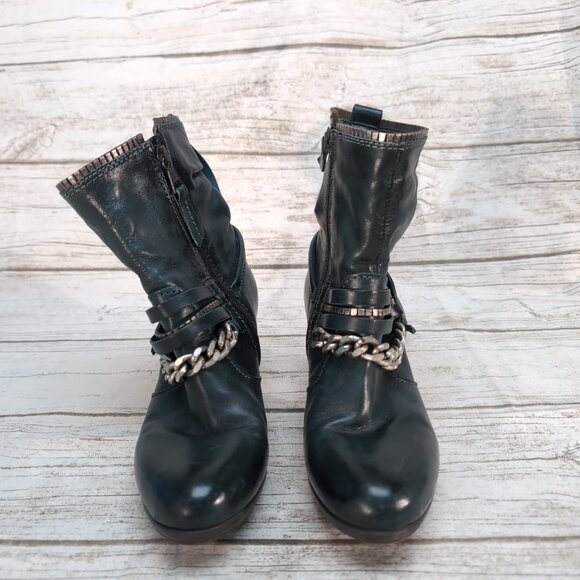 Mjus Dark Green Leather Ankle Boots Chain and Leather Harness Moto Biker Size 37 - Picture 2 of 10